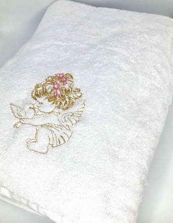 Christening Towel with Embroidery White Pink Angel Penetka 150x100 cm