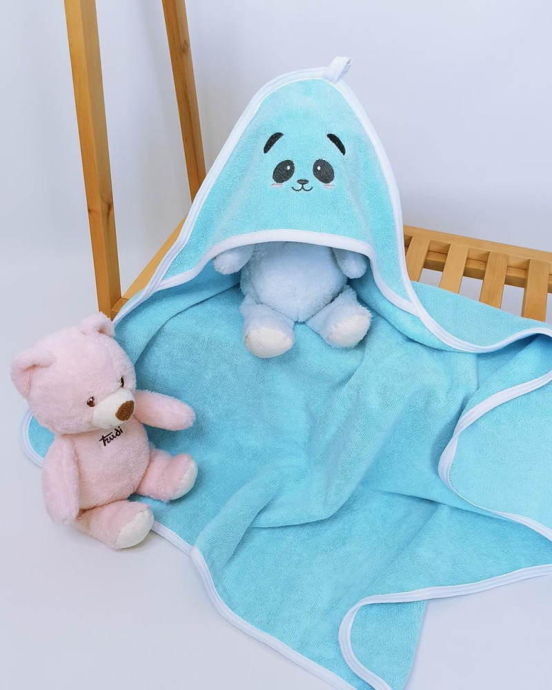 Махровое полотенце с капюшоном после купания для детей с вышивкой Бирюзовое Панда махра Penetka 90x80 см