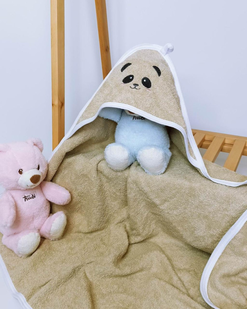 Hooded Baby Bath Towel with Embroidery Brown Panda Terry Cloth Penetka 90x80 cm