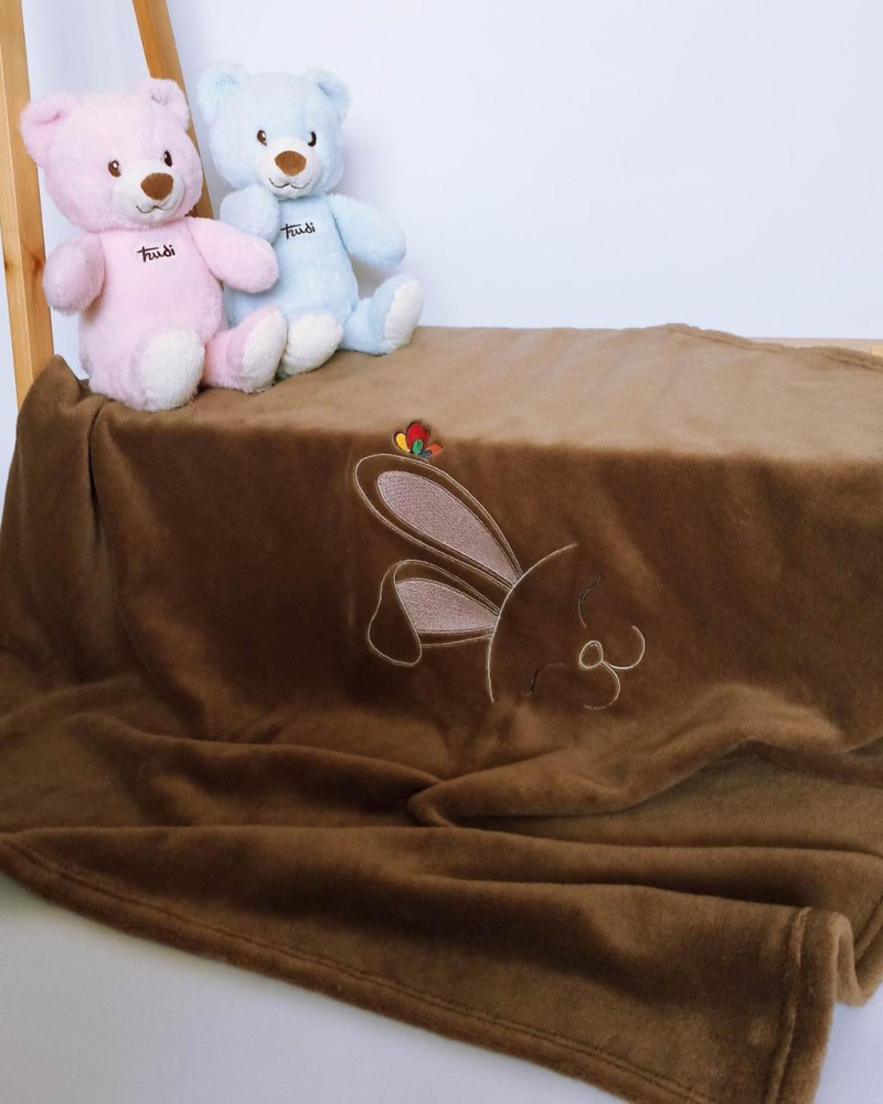 Плед дитячий Коричневий з вишивкою Заєць велсофт Penetka 95x85 см